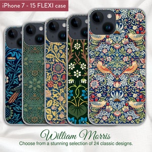 William Morris Art  Nouveau selection of 24 classic designs, iPhone Flexible Gel Soft Grip Case, iPhone Models 7,8,X,11,12,SE,13,14,15,16
