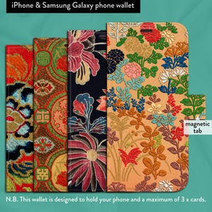 8 diseños vintage con estampados textiles japoneses. Funda tipo cartera con tapa para iPhone y cierre magnético. Modelos de iPhone X, 11, 12, SE, 13, 14, 15 y 16.