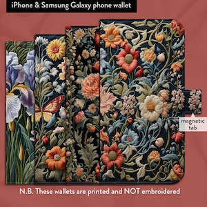 Funda tipo cartera con tapa y cierre magnético para iPhone 7, 8, X, 11, 12, SE, 13, 14, 15 y 16, con efecto bordado floral estilo William Morris.