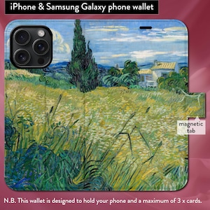 Funda tipo cartera con tapa y cierre magnético para iPhone 7, 8, X, 11, 12, SE, 13, 14, 15 y 16, "Campo de trigo verde con ciprés" de Van Gogh, estilo impresionista.
