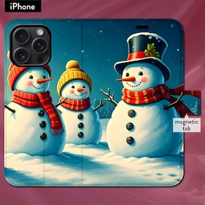 Ilustración navideña retro de muñecos de nieve. Funda tipo cartera con tapa magnética para iPhone 7, 8, X, 11, 12, SE, 13, 14, 15 y 16. Regalo de Navidad.