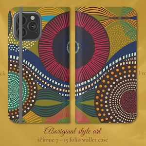 Patrón de inspiración tribal africana iPhone Flip Folio Wallet Case, modelos de iPhone 7,8,X,11,12,SE,13,14,15, arte moderno aborigen divertido brillante