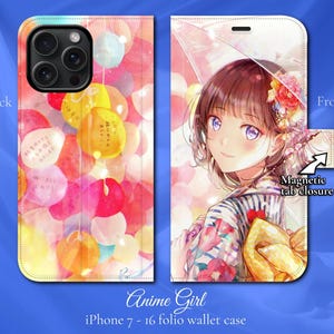 Funda tipo cartera con tapa magnética para iPhone, estilo anime manga japonés, chica linda con globos, para iPhone 7, 8, X, 11, 12, SE, 13, 14, 15 y 16