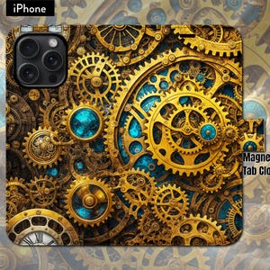 Funda tipo cartera con tapa tipo libro y cierre magnético para iPhone 7, 8, X, 11, 12, SE, 13, 14, 15 y 16 con temática Steampunk, mecanismo de relojería y joyas.
