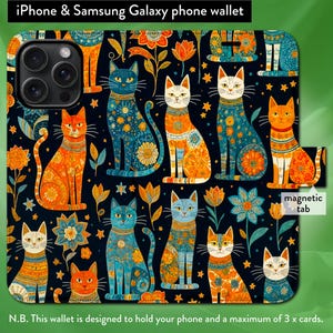 Gatos fofos, arte abstrata e colorida para amantes de gatos, capa tipo carteira tipo flip-folio para iPhone 7, 8, X, 11, 12, SE, 13, 14, 15, 16 com fecho magnético
