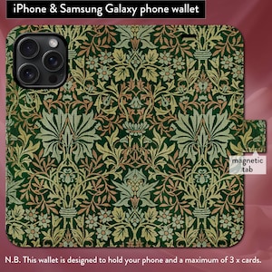 ウィリアム・モリス フラワーガーデン クラシックアールヌーボー柄 iPhone 7、8、X、11、12、SE、13、14、15、16 対応 フリップフォリオウォレットケース マグネットタブ開閉式