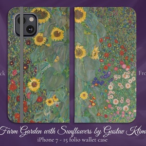 グスタフ・クリムト作「ひまわりのあるアールヌーボーの農場の庭」iPhone フリップフォリオウォレットケース、iPhone モデル 7、8、X、11、12、SE、13、14、15 アート愛好家へのギフト