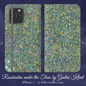 Rosales bajo los árboles de Gustav Klimt, Art Nouveau clásico, funda de billetera iPhone Flip Folio, modelos de iPhone 7,8,X,11,12,SE,13,14,15
