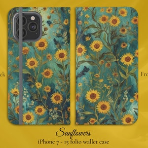 Sonnenblumen Impressionist Van Gogh Stil, iPhone Flip Folio Brieftasche Hülle, iPhone 7,8, X, 11,12, SE, 13,14,15,16 Blumen Natur Garten Liebhaber Geschenk