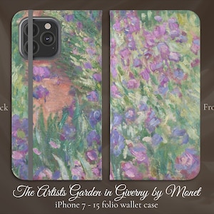 モネ、ジヴェルニーの芸術家の庭、印象派アート、iPhone フリップ フォリオ ウォレット ケース、iPhone モデル 7、8、X、11、12、SE、13、14、15 アート愛好家へのギフト