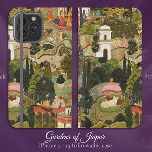 緑豊かなジャイプール庭園 クラシックなインドアート、iPhone フリップ フォリオ ウォレットケース、iPhone 7、8、X、11、12、SE、13、14、15、16 ジャイプールの歴史的な庭園の壁画