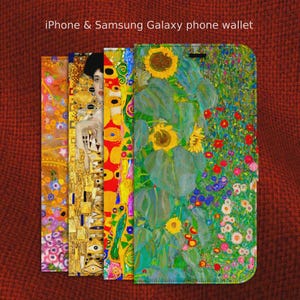 Könnte beinhalten: Handyhüllen mit künstlerischen Designs. Die Hüllen zeigen farbenfrohe Kunstwerke, die von berühmten Gemälden inspiriert sind, darunter Sonnenblumen, Porträts und Blumenmuster. Der Text "iPhone & Samsung Galaxy phone wallet" ist oben sichtbar.