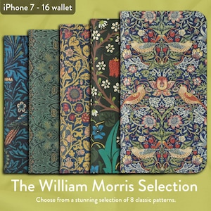 Selección Art Nouveau de 8 diseños clásicos de William Morris, funda tipo billetera con tapa para iPhone, modelos de iPhone de Apple 7, 8, X, 11, 12, SE, 13, 14, 15, 16