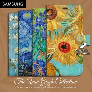 Van Gogh x 7 pinturas pós-impressionistas clássicas, Samsung Galaxy 20, 21, 22, 23, 24, 25 capa tipo carteira flip folio com fecho magnético