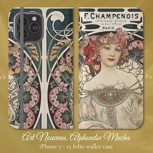 Art Nouveau, Alphonse Mucha - F.Champenois, iPhone Flip Folio Wallet Case, Apple iPhone Modelos 7,8,X,11,12,SE,13,14,15