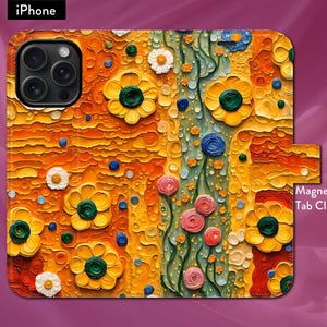 Funda tipo cartera con tapa magnética para iPhone, inspirada en Gustav Klimt, con diseño floral Art Nouveau para iPhone 7, 8, X, 11, 12, SE, 13, 14, 15 y 16.