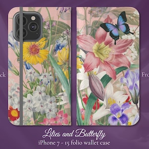 Ilustración de lirios, mariposas y flores silvestres, funda de billetera iPhone Flip Folio, modelos de iPhone 7,8,X,11,12,SE,13,14,15, floral, botánico