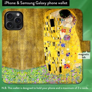 Funda tipo cartera con tapa y cierre magnético para iPhone 8, X, 11, 12, SE, 13, 14, 15 y 16, Art Nouveau, El beso de Gustav Klimt.
