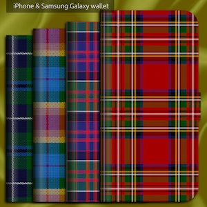 Funda tipo cartera con tapa abatible para iPhone con diseño clásico de cuadros escoceses y cierre magnético.