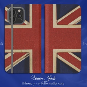 Funda tipo billetera con tapa tipo libro para iPhone, bandera británica Union Jack, iPhone 7, 8, X, 11, 12, SE, 13, 14, 15, 16, bandera bohemia retro vintage del Reino Unido