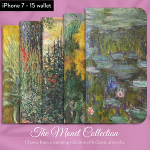 Colección de arte impresionista de Claude Monet de 8 obras de arte clásicas, iPhone Flip Folio Wallet Case, Apple iPhone Models 7,8,X,11,12,SE,13,14,15