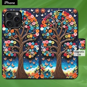 Árbol de la vida, tejido a crochet con hilo de lana, funda tipo billetera con tapa tipo folio y cierre magnético para iPhone 7, 8, X, 11, 12, SE, 13, 14, 15 y 16