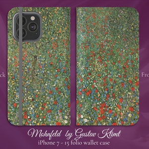 Mohnfeld de Gustav Klimt, Art Nouveau clásico, iPhone Flip Folio Wallet Case, iPhone Models 7,8,X,11,12,SE,13,14,15 Art Lover Gift