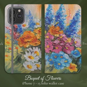 Ramo abstracto de flores Pintura al óleo impresionista de bellas artes, iPhone Flip Folio Wallet Case, iPhone 7,8,X,11,12,SE,13,14,15 Regalo de jardinero