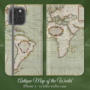Mapa de palabras antiguo, funda de billetera iPhone Flip Folio, modelos de iPhone de Apple 7,8,X,11,12,SE,13,14,15, regalo de amante del mapa de geografía