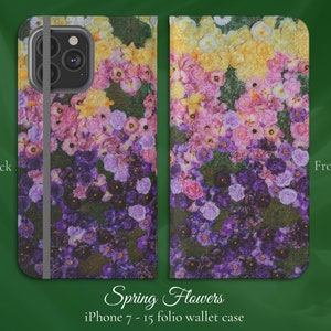春の花柄、紫、ピンク、黄色の花、印象派の絵画、iPhone フリップフォリオウォレットケース、iPhone 7、8、X、11、12、SE、13、14、15 ガーデナーギフト