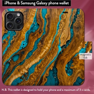 Estuche tipo billetera con tapa tipo folio y cierre magnético para iPhone 7, 8, X, 11, 12, SE, 13, 14, 15 y 16, de madera de nogal con resina de mármol verde azulado, carpintería