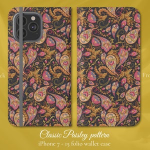 Patrón clásico de Paisley rosa púrpura, funda de billetera iPhone Flip Folio, modelos de iPhone 7,8,X,11,12,SE,13,14,15, diseño retro vintage