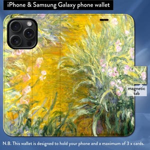 Weg durch die Iris von Monet, impressionistische Kunst, iPhone 8, X, 11, 12, SE, 13, 14, 15, 16 iPhone Flip Folio Brieftasche Hülle mit magnetischem Tab Closure