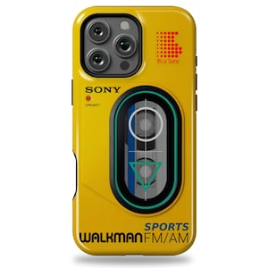 May include: Yellow phone case with a retro Sony Walkman design. The case features the Sony logo, the text "It's a Sony," and the words "WALKMAN SPORTS FM/AM." The design mimics the look of a vintage cassette player.