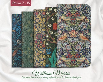 William Morris Art Nouveau Selection of 8 classic designs, iPhone Flip Folio Wallet Case, Apple iPhone Models 7,8,X,11,12,SE,13,14,15