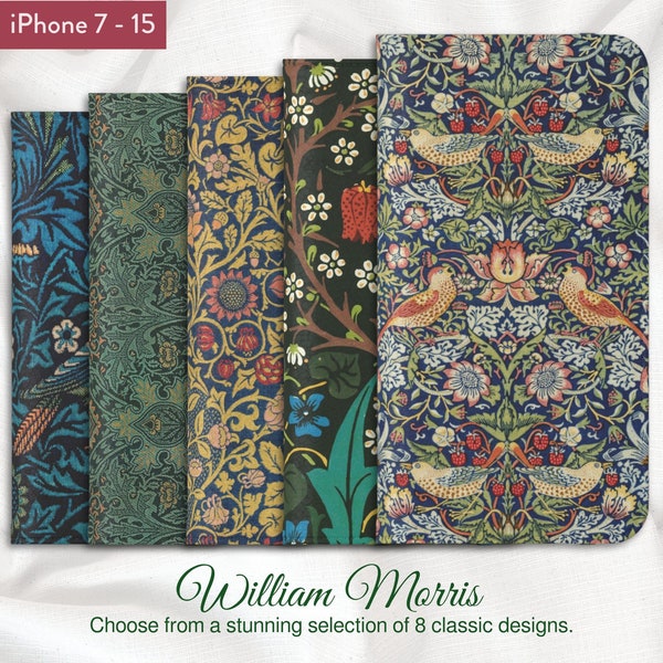 William Morris Art Nouveau Selection of 8 classic designs, iPhone Flip Folio Wallet Case, Apple iPhone Models 7,8,X,11,12,SE,13,14,15