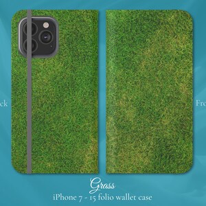 Ilustración de césped, iPhone Flip Folio Wallet Case, iPhone Models 7,8,X,11,12,SE,13,14,15, golf de regalo de jardinero divertido y brillante