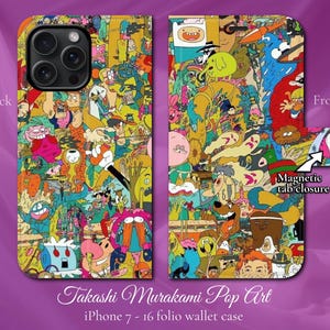 Pop Art van Takashi Murakami, iPhone-flip Folio Wallet-hoesje met magnetische lipsluiting, iPhone 7,8,X,11,12,SE,13,14,15,16 Japanse manga-anime