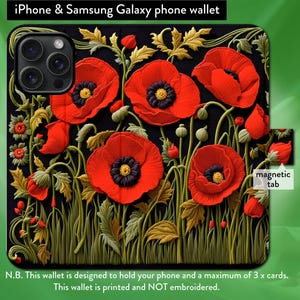 Funda tipo billetera con tapa tipo libro y cierre magnético con efecto bordado de tapices y amapolas de William Morris para iPhone 7, 8, X, 11, 12, SE, 13, 14, 15 y 16