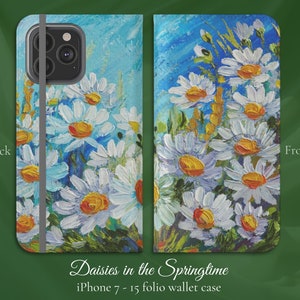 デイジー 春の花 ファインアート 印象派 油絵、iPhone フリップ フォリオ ウォレットケース、iPhone 7、8、X、11、12、SE、13、14、15 ガーデナーギフト