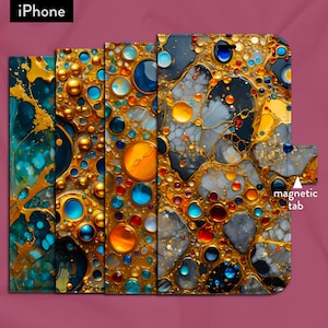Funda tipo cartera con tapa abatible y cierre magnético para iPhone 7, 8, X, 11, 12, SE, 13, 14, 15 y 16 con mármol abstracto, dorado y piedras preciosas.