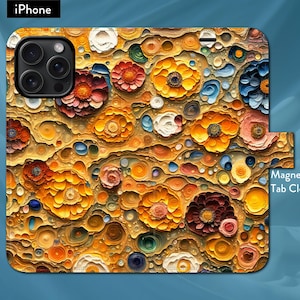 Funda tipo cartera con tapa magnética para iPhone, diseño floral inspirado en Gustav Klimt, con flores Art Nouveau para iPhone 7, 8, X, 11, 12, SE, 13, 14, 15 y 16.