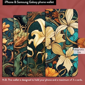Funda tipo cartera con tapa para iPhone 7, 8, X, 11, 12, SE, 13, 14, 15 y 16 con estampado floral clásico Art Nouveau y cierre magnético, flores, Mucha