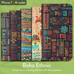 Boho Ethnic Native American Aztec Aboriginal set mit 8 Designs, iPhone Flip Folio Brieftasche Hülle, Apple iPhone Modelle 7,8, X, 11, 12, SE, 13, 14, 15, 16
