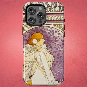 May include: A phone case with a vintage illustration of a woman in a white dress with a flower in her hair. The background is a purple and white pattern with stars. The text "MADAME MELIA" is at the top of the case.