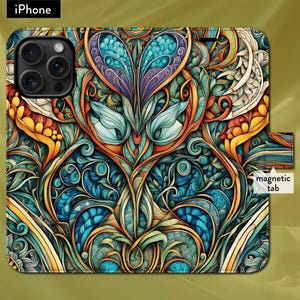 Funda tipo billetera con tapa tipo folio y cierre magnético para iPhone 7, 8, X, 11, 12, SE, 13, 14, 15 y 16 con diseño floral Zentangle inspirado en Mucha en estilo Art Nouveau
