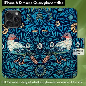 William Morris Birds clássico floral Art Nouveau, iPhone 7,8,X,11,12,SE,13,14,15,16 iPhone Flip Folio Wallet Case com fecho de aba magnética
