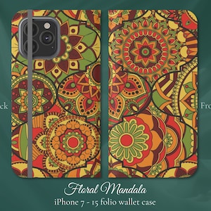Mandala, Floral Boho Yoga, iPhone Flip Folio Wallet Case, iPhone Models 7,8,X,11,12,SE,13,14,15, divertido patrón de diseño retro