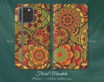 Mandala, Floral Boho Yoga, iPhone Flip Folio Wallet Case, iPhone Models 7,8,X,11,12,SE,13,14,15, fun retro design pattern