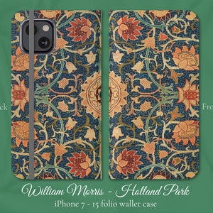 Funda tipo billetera con tapa para iPhone, diseño floral clásico Art Nouveau de William Morris Holland Park, modelos de iPhone de Apple 7, 8, X, 11, 12, SE, 13, 14, 15, 16